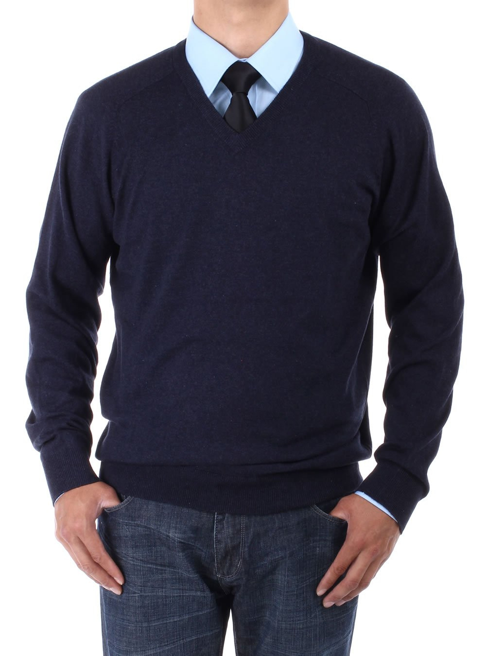 Mens Luciano Natazzi Vneck Cotton Sweater Relaxed Fit in Navy