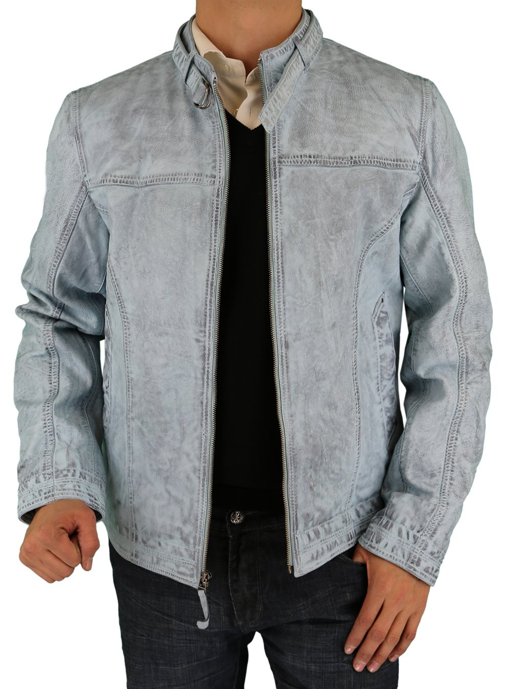 National folketælling Saga Hvis Mens Luciano Natazzi Picasso Leather Trim Fit Racer Jacket in Light -  Fashion Suit Outlet
