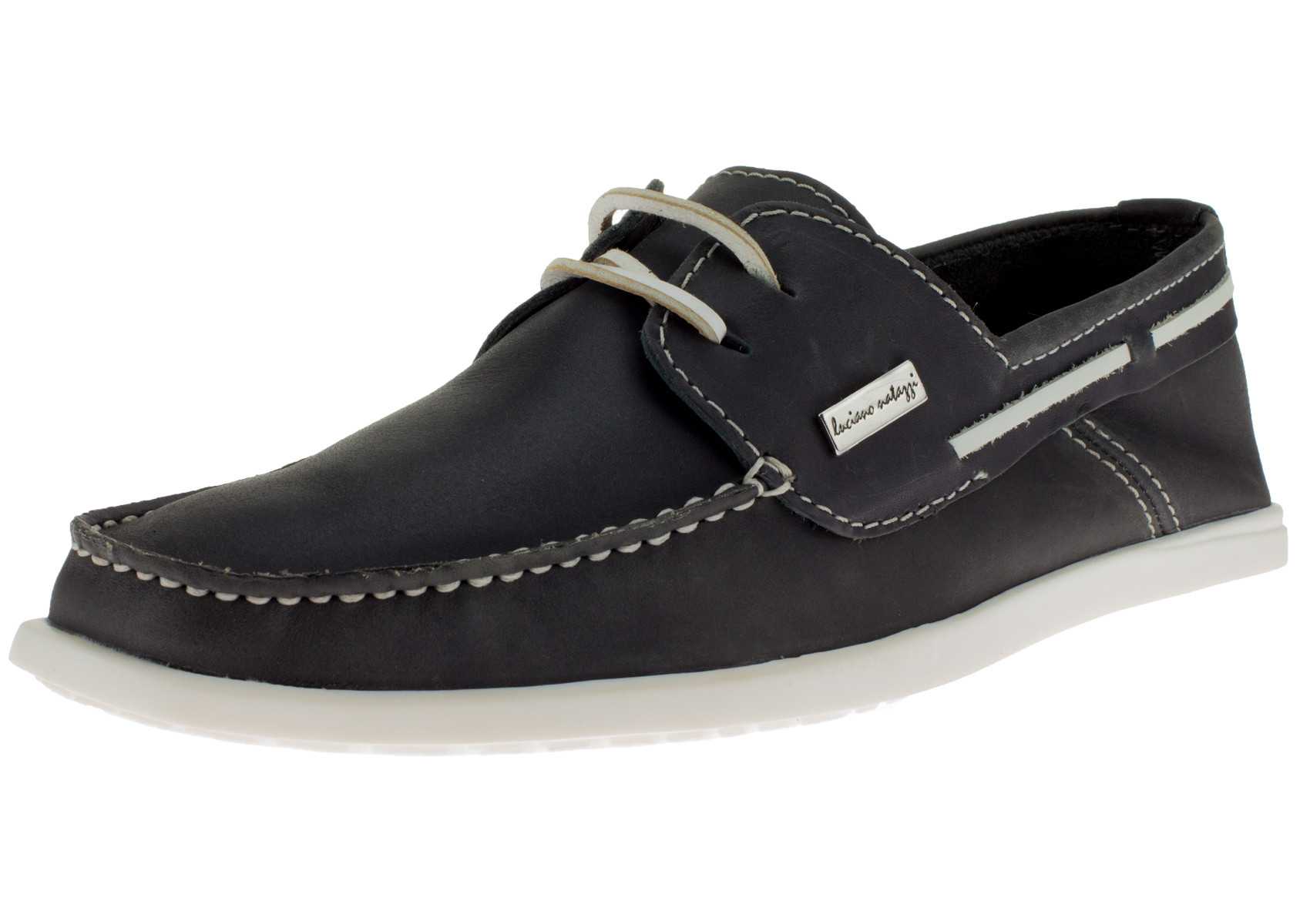 Mens Luciano Natazzi Boat Shoe Leather Loafer Yacht Club Original 2 Eye Oily Black - Image1