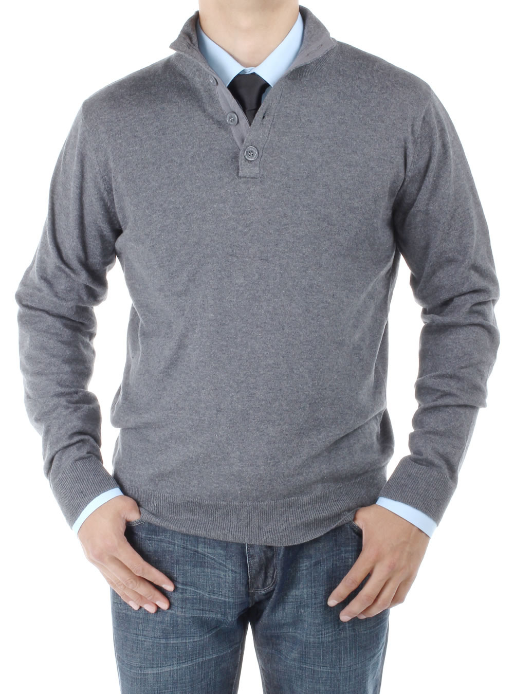 Mens Luciano Natazzi Mock Neck Elbow Patch Buttoned Sweater Relaxed Fit in Charcoal - Image1