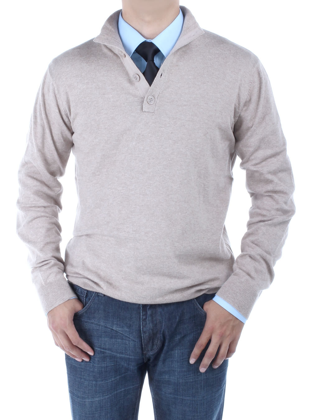 Mens Luciano Natazzi Mock Neck Elbow Patch Buttoned Sweater Relaxed Fit in Taupe - Image1