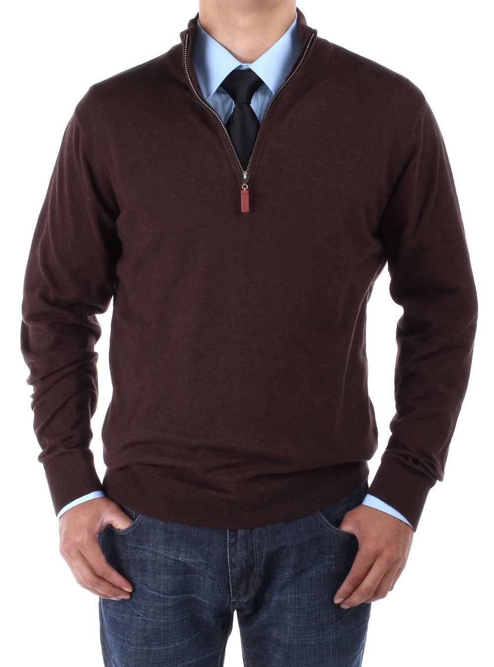 Mens Luciano Natazzi Mock Neck Zip Sweater Relaxed Fit in Chocolate - Image1