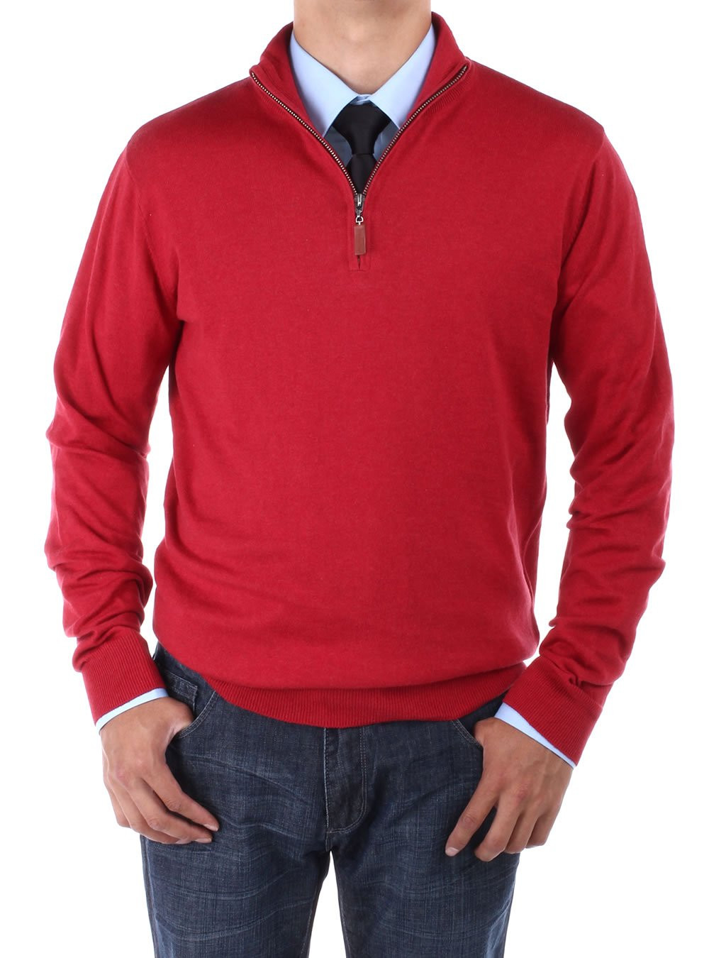 Mens Luciano Natazzi Mock Neck Zip Sweater Relaxed Fit in Dark Red - Image1