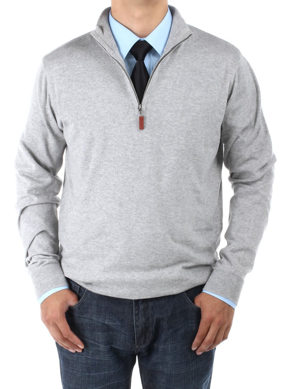 Mens Luciano Natazzi Mock Neck Zip Sweater Relaxed Fit in Light Gray - Image1