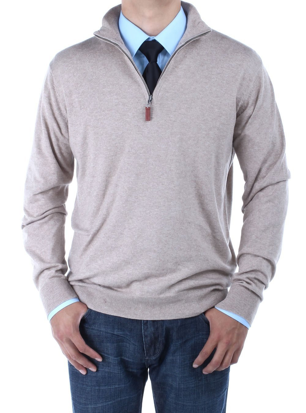 Mens Luciano Natazzi Mock Neck Zip Sweater Relaxed Fit in Taupe - Image1