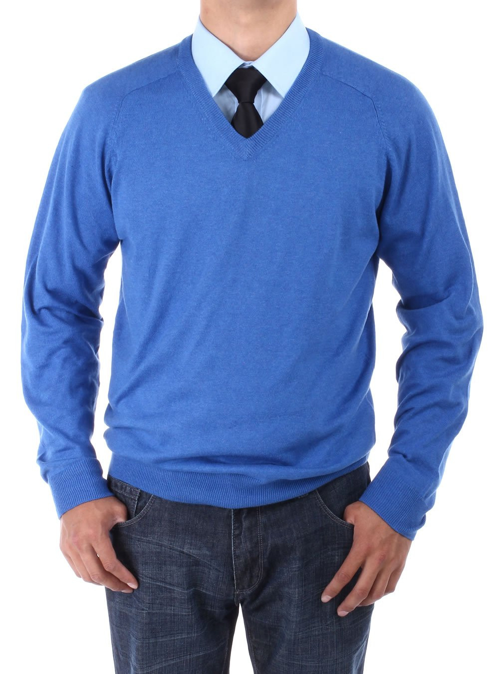 Mens Luciano Natazzi V-neck Cotton Sweater Relaxed Fit in Royal Blue - Image1