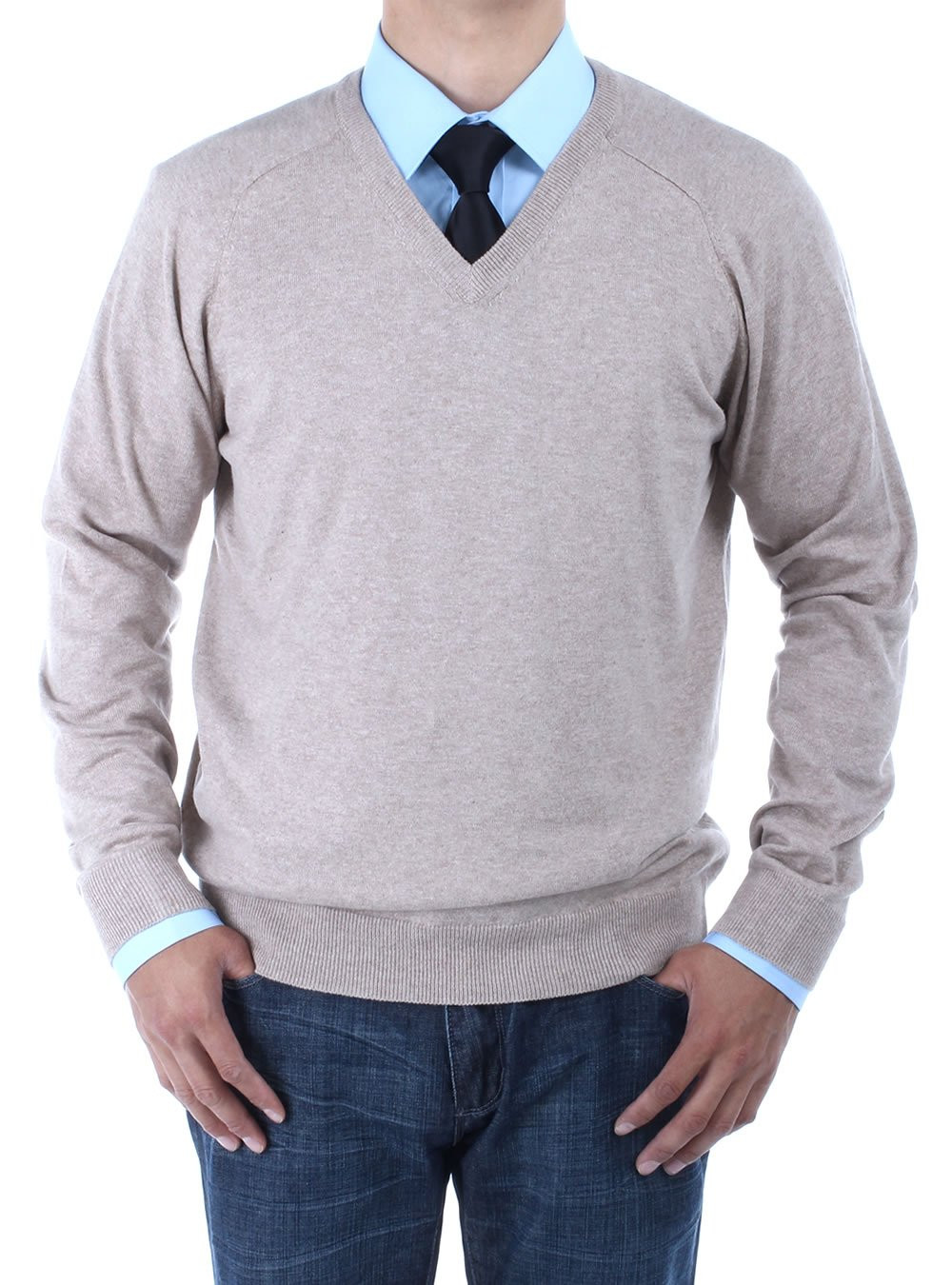 Mens Luciano Natazzi V-neck Cotton Sweater Relaxed Fit in Taupe - Image1