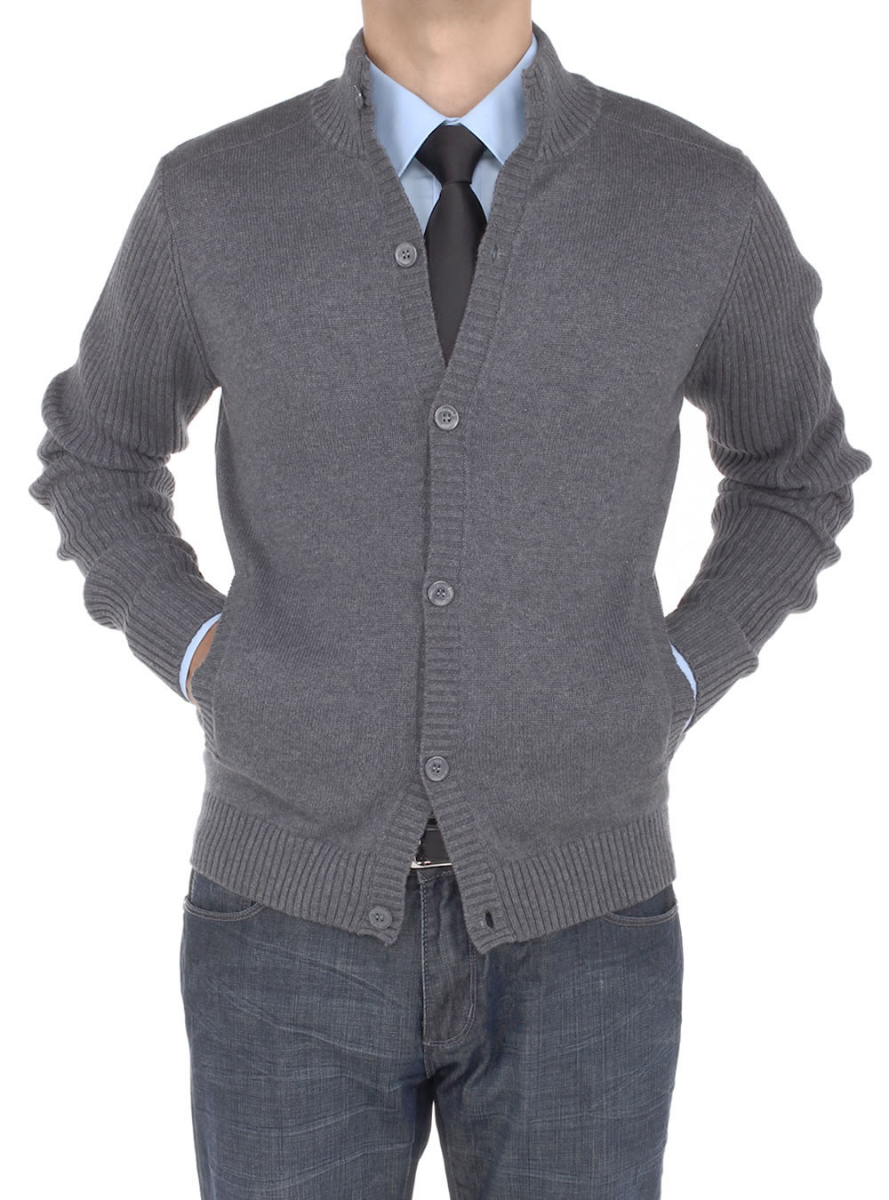 Mens Luciano Natazzi Cotton Mock Neck Ribbed Sleeve Cardigan Sweater Relaxed Fit in Charcoal - Image1