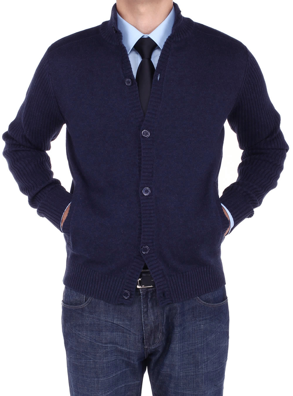 Mens Luciano Natazzi Cotton Mock Neck Ribbed Sleeve Cardigan Sweater Relaxed Fit in Navy - Image1