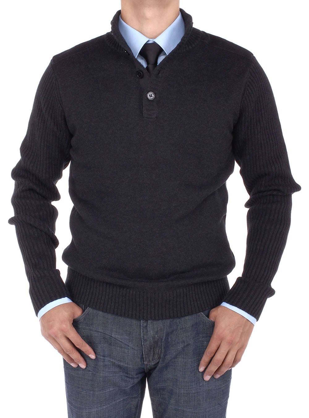 Mens Luciano Natazzi Mock Neck Ribbed Sleeve Buttoned Sweater Relaxed Fit in Black - Image1