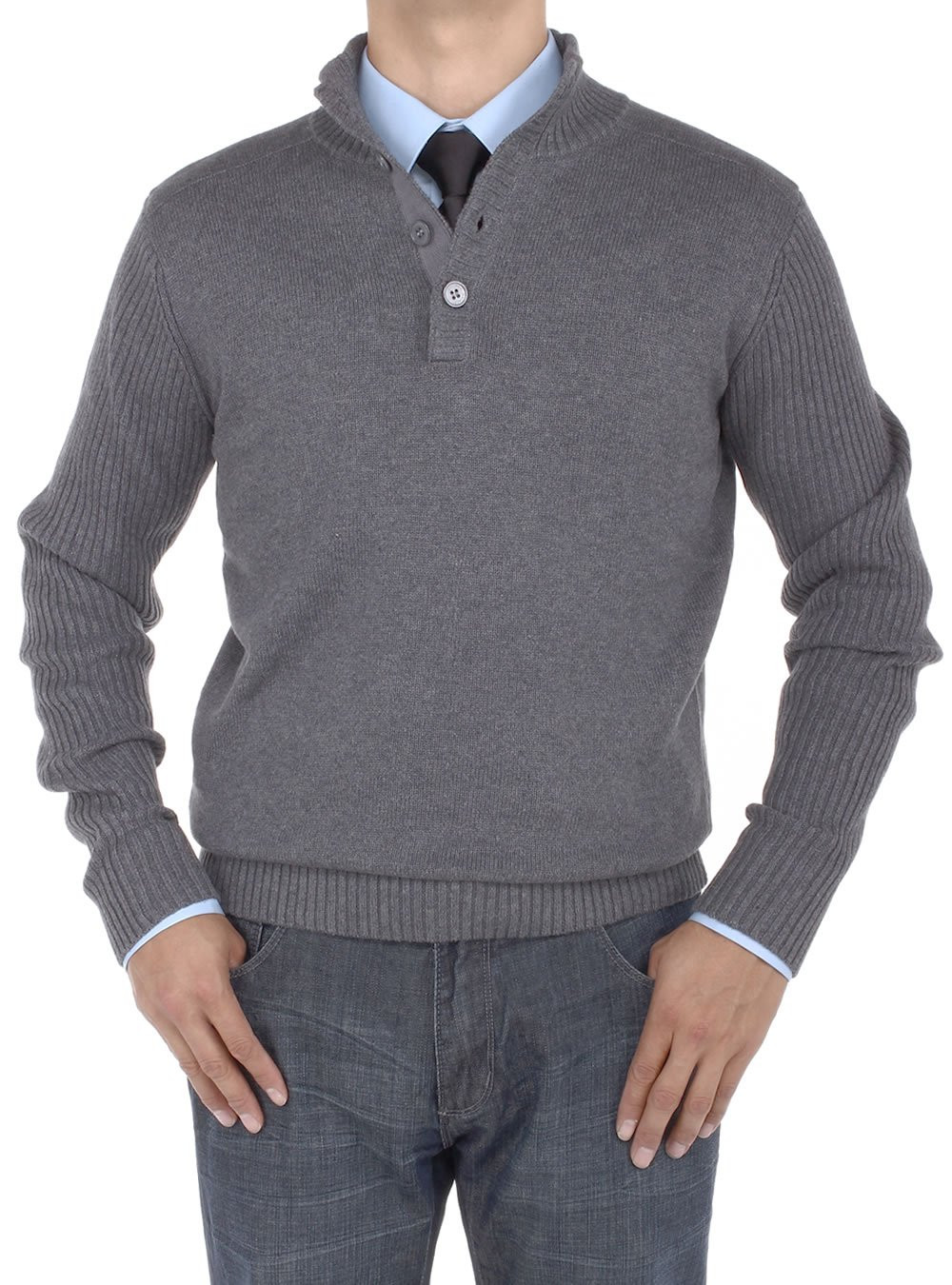 Mens Luciano Natazzi Mock Neck Ribbed Sleeve Buttoned Sweater Relaxed Fit in Charcoal - Image1
