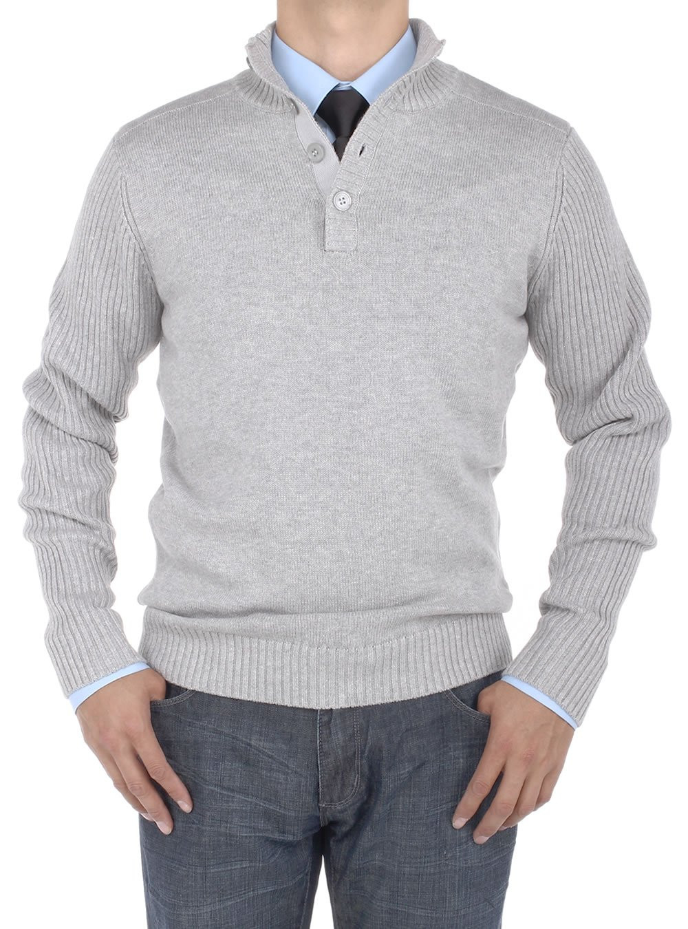 Mens Luciano Natazzi Mock Neck Ribbed Sleeve Buttoned Sweater Relaxed Fit in Light Gray - Image1