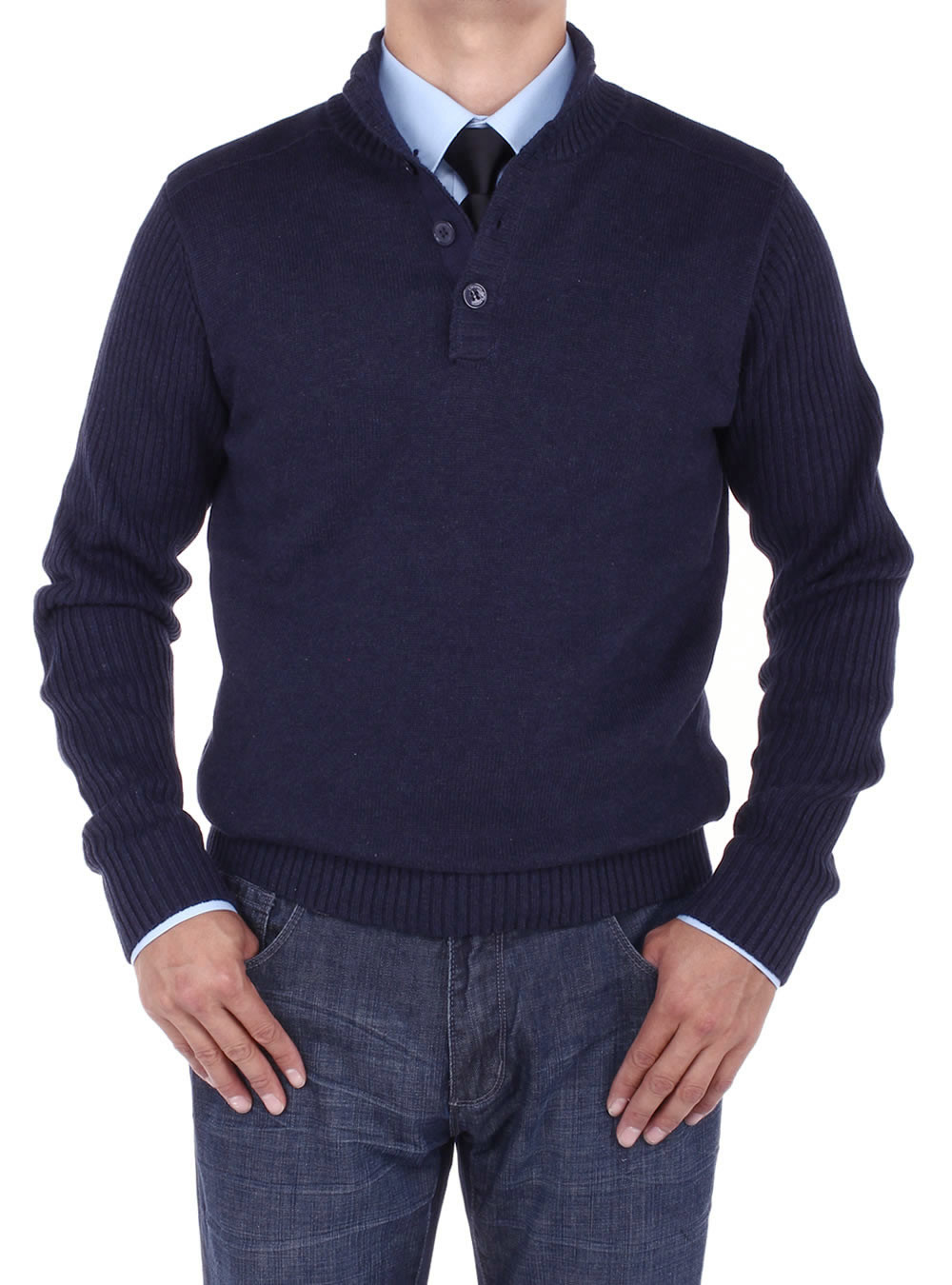 Mens Luciano Natazzi Mock Neck Ribbed Sleeve Buttoned Sweater Relaxed Fit in Navy - Image1