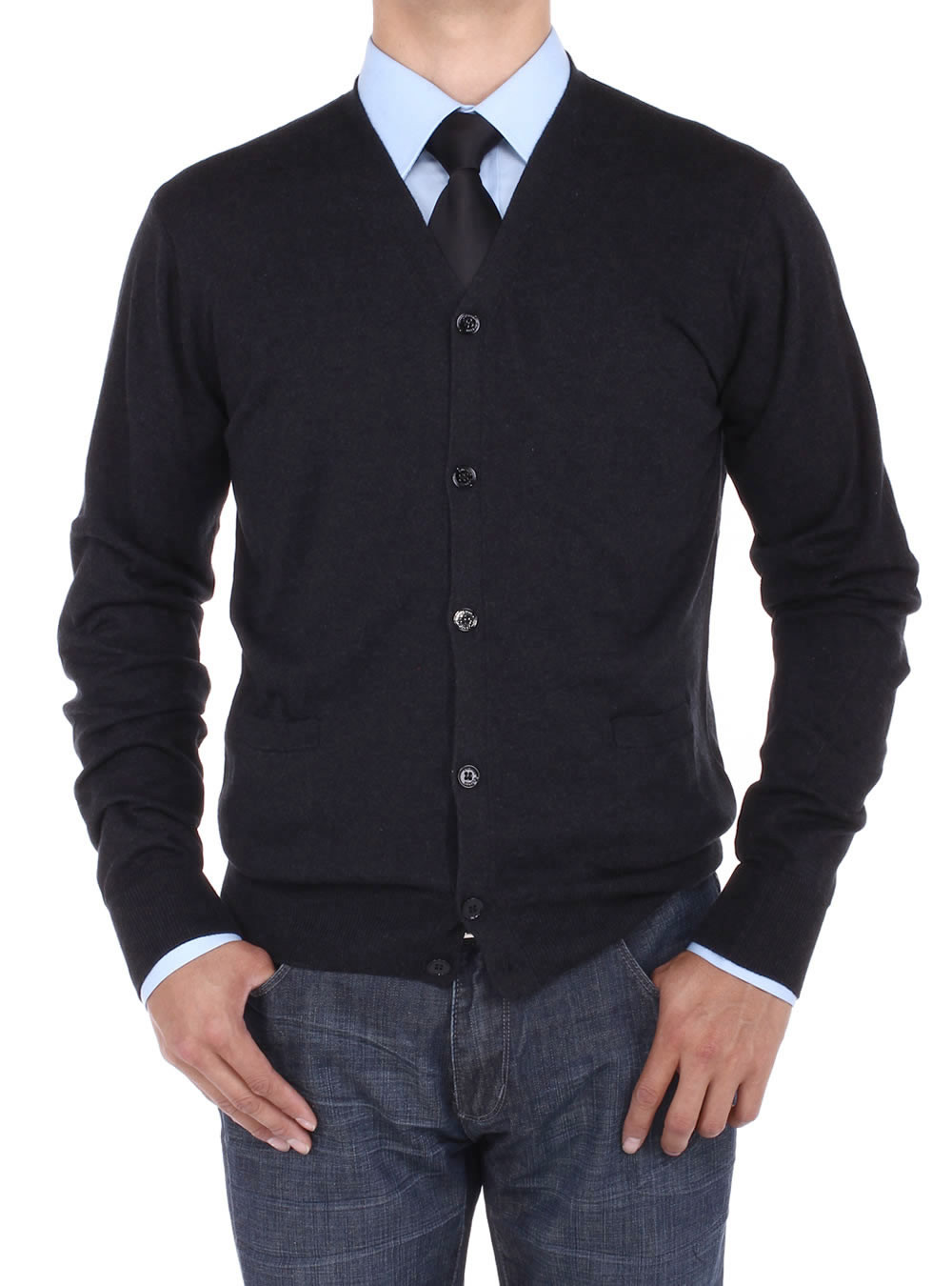 Mens Luciano Natazzi Cotton Cardigan Sweater Relaxed Fit in Black - Image1