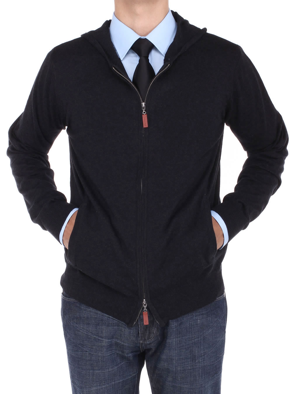 Mens Luciano Natazzi Front Zip Hoodie Sweater Relaxed Fit in Black - Image1
