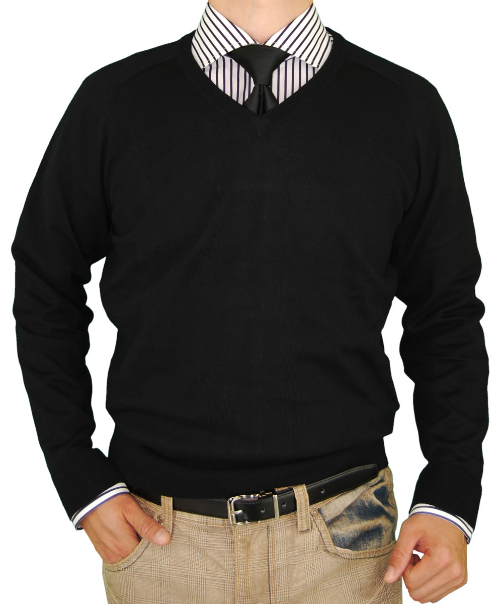 Mens Luciano Natazzi Classic Fit V-neck Premium Cotton Sweater With A Cashmere Touch in Black - Image1