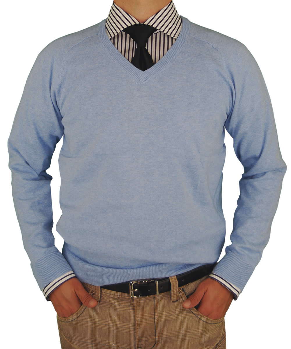 Mens Luciano Natazzi Classic Fit V-neck Premium Cotton Sweater With A Cashmere Touch in Light Blue - Image1