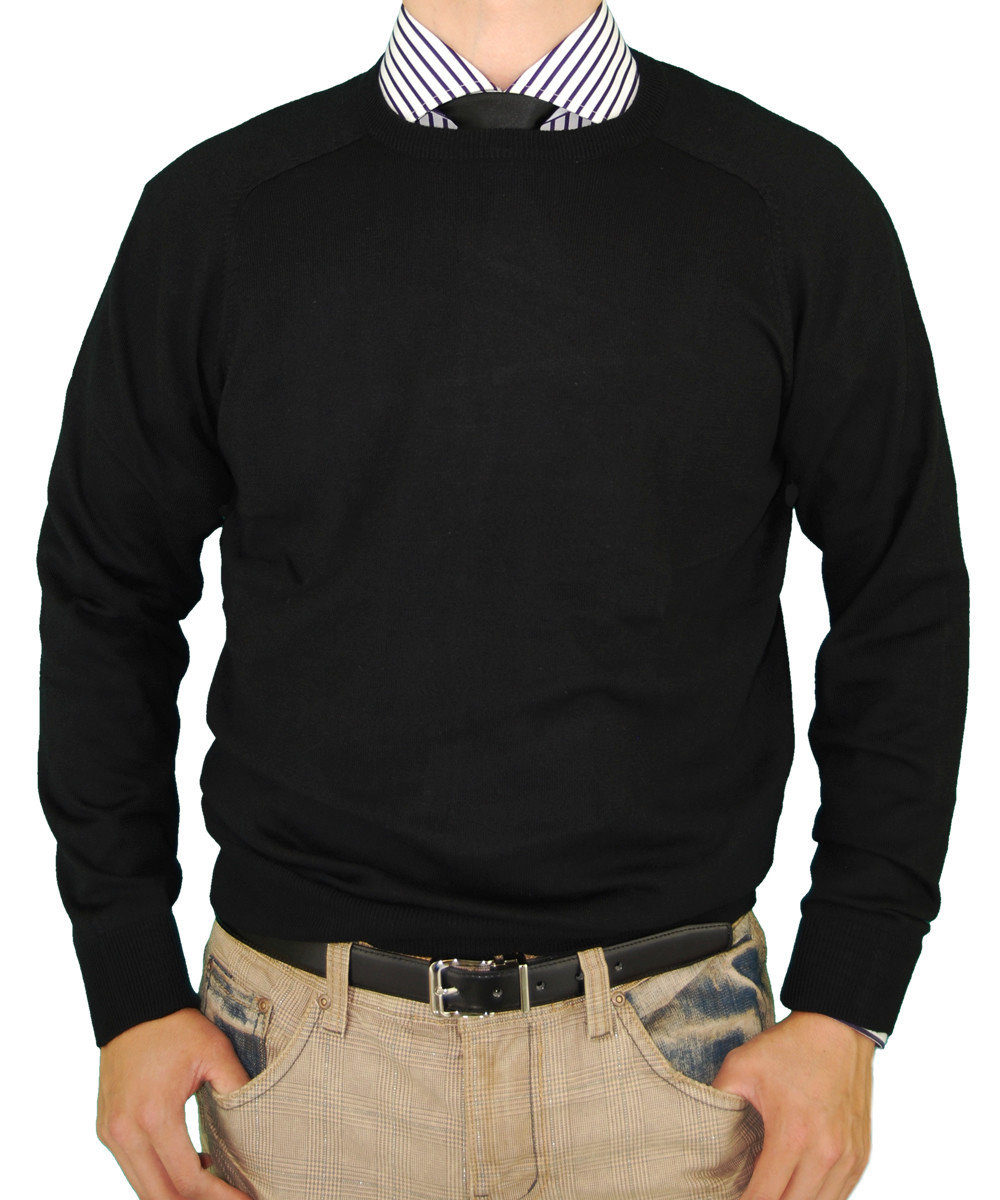Mens Luciano Natazzi Classic Fit Crew Neck Premium Cotton Sweater With A Cashmere Touch in Black - Image1