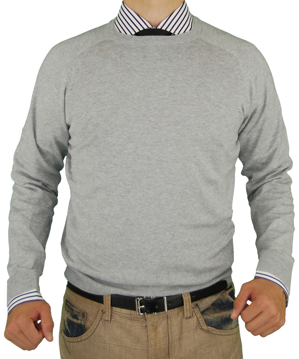 Mens Luciano Natazzi Classic Fit Crew Neck Premium Cotton Sweater With A Cashmere Touch in Light Gray - Image1