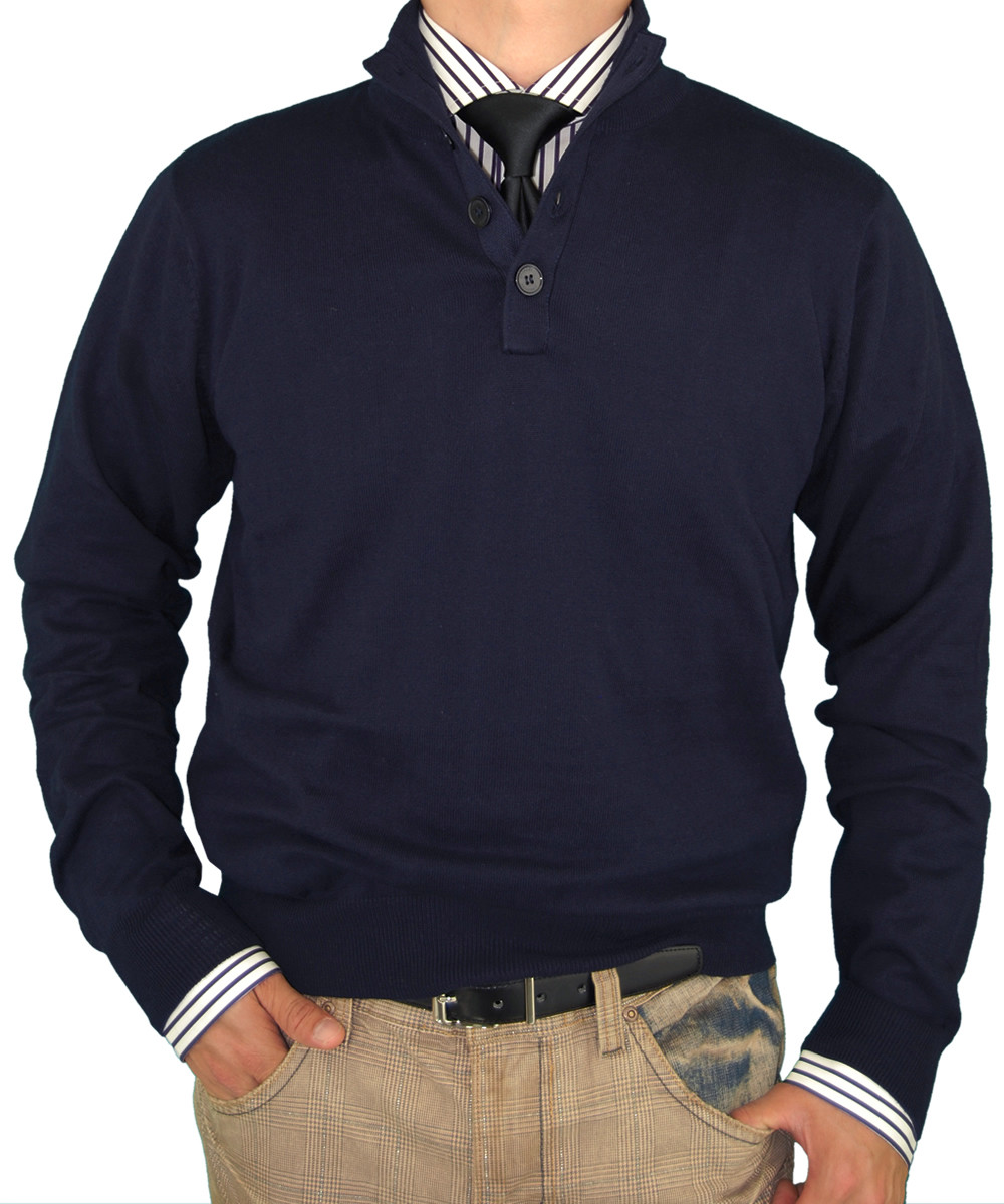 Mens Luciano Natazzi Classic Fit Button Mock Neck Sweater Elbow Cotton Cashmere Touch in Navy - Image1