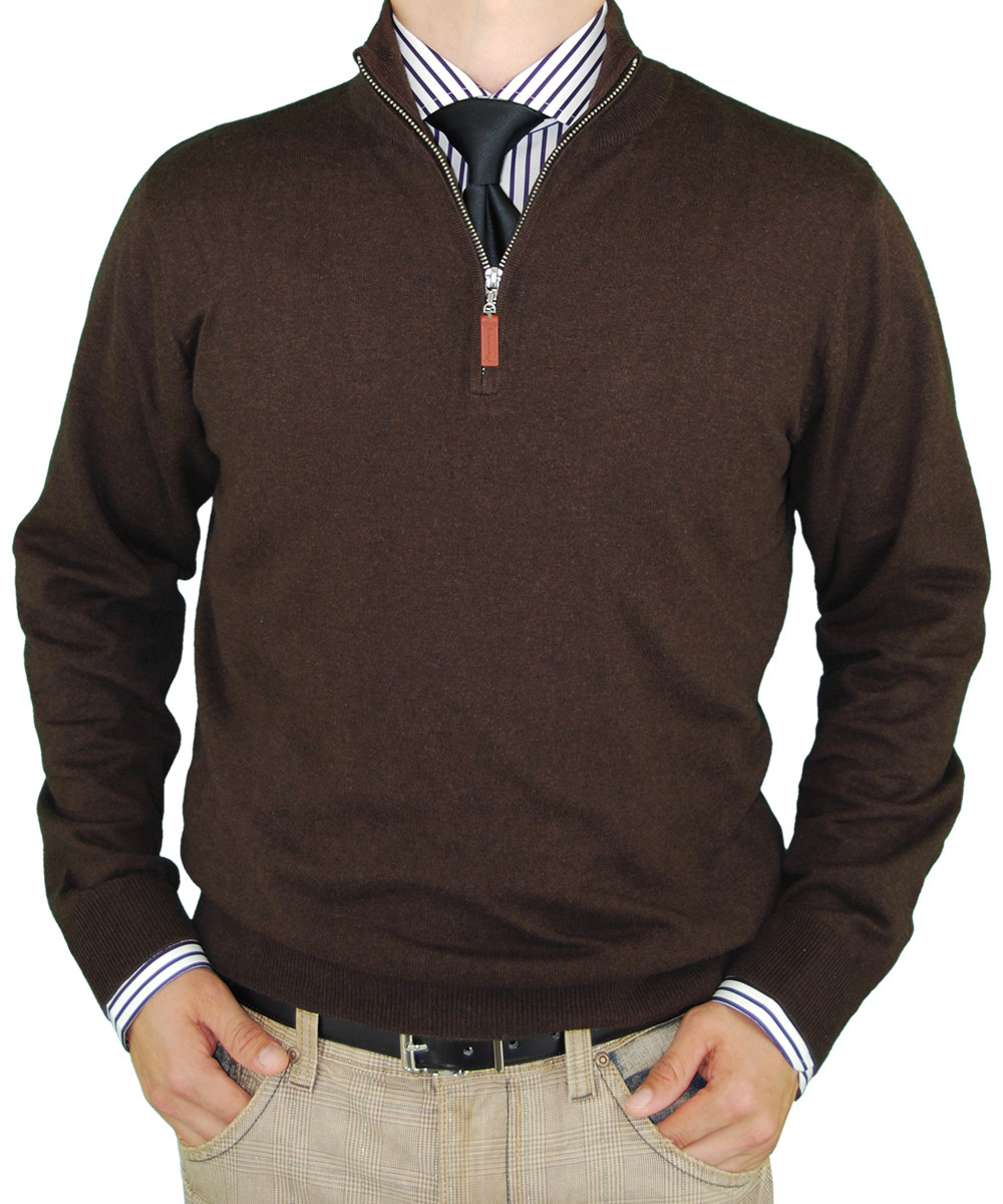 Mens Luciano Natazzi Classic Fit Quarter Zip Mock Neck Sweater Cotton Cashmere Touch in Chocolate - Image1