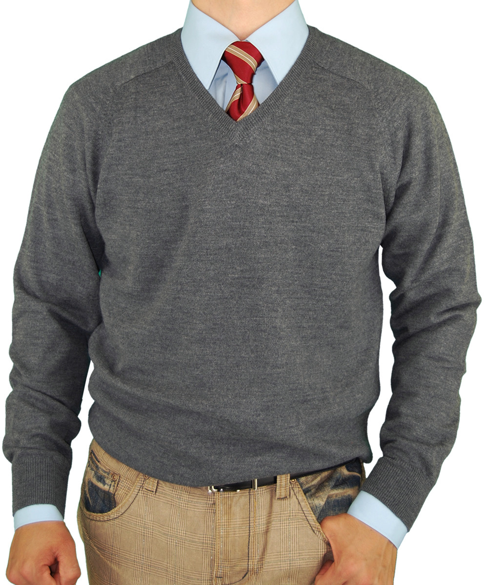 Mens Luciano Natazzi V-neck Merino Wool Sweater Soft Like Cashmere Trim Fit in Charcoal - Image1