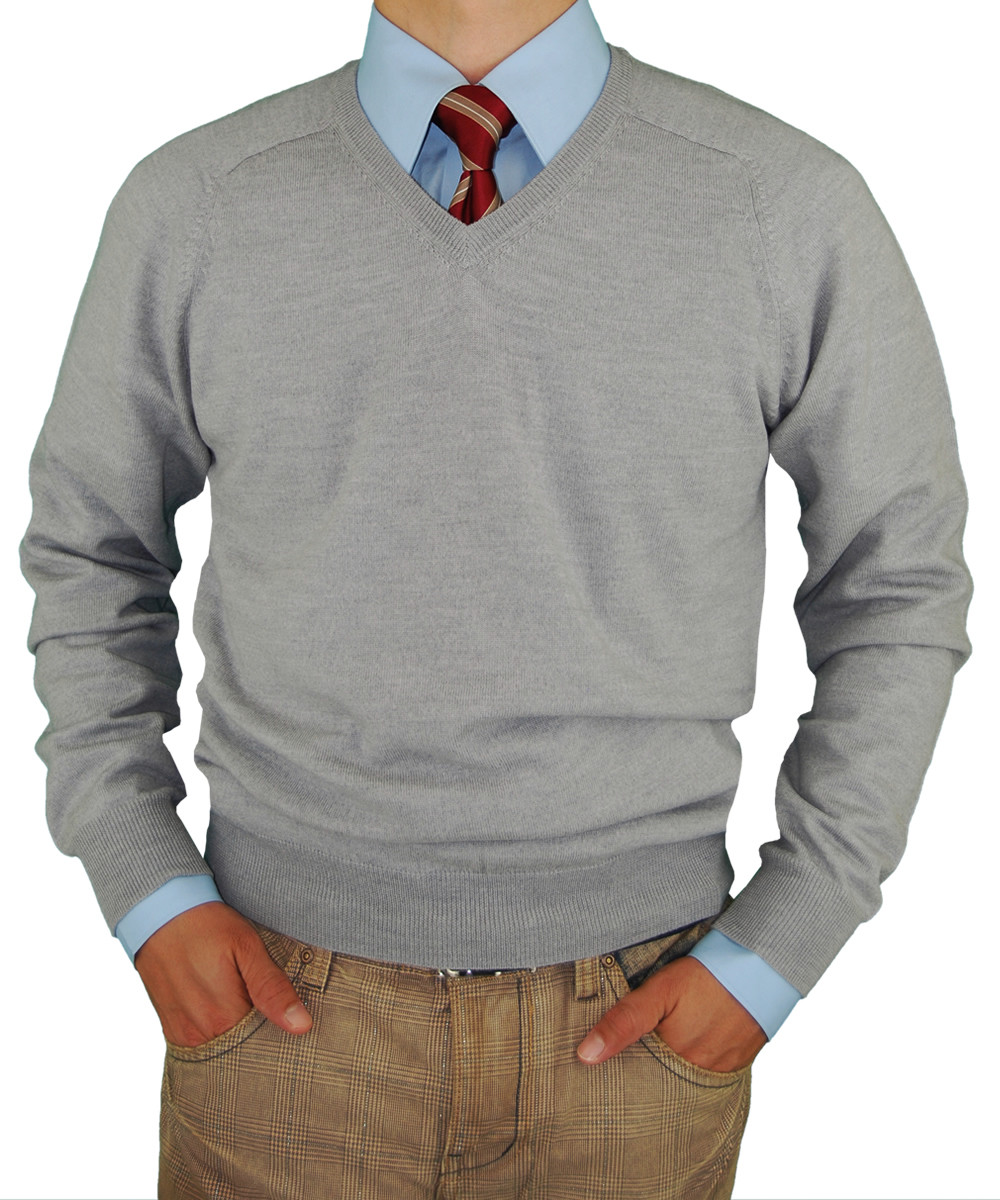 Mens Luciano Natazzi V-neck Merino Wool Sweater Soft Like Cashmere Trim Fit in Light Gray - Image1