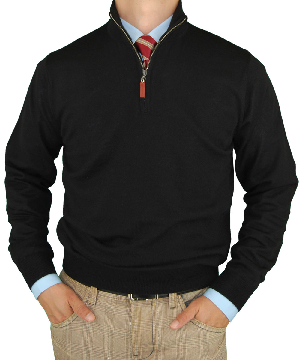 Mens Luciano Natazzi Merino Wool Quarter Zip Mock Neck Sweater Trim Fit in Black - Image1