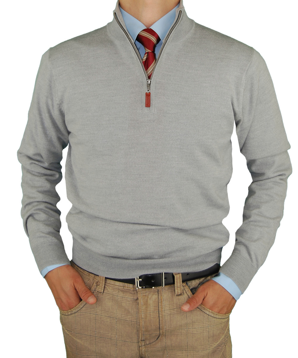 Mens Luciano Natazzi Merino Wool Quarter Zip Mock Neck Sweater Trim Fit in Light Gray - Image1