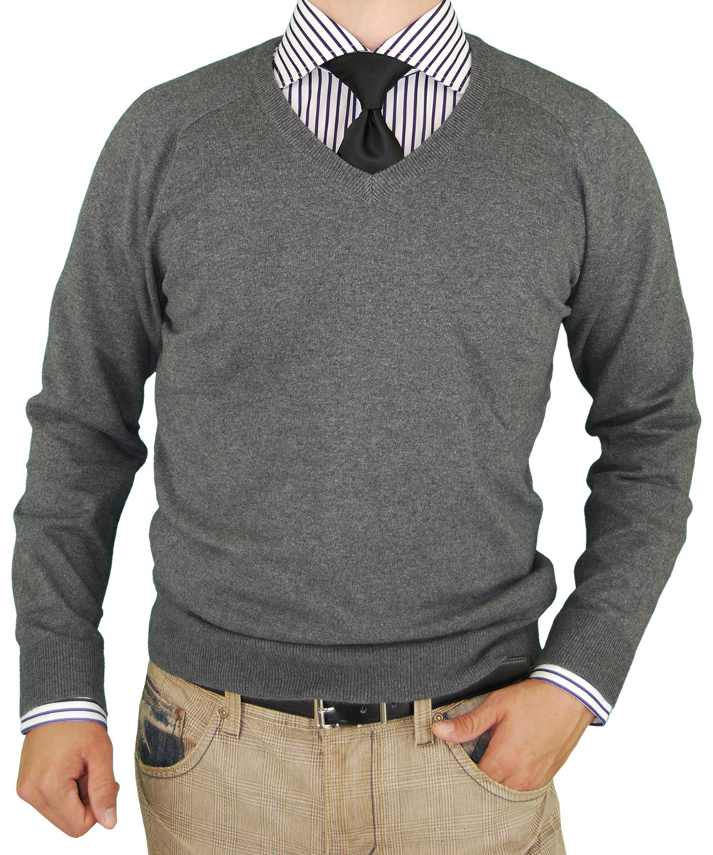 Mens Luciano Natazzi V-neck Cotton Sweater Cashmere Touch Slim Fit in Charcoal - Image1