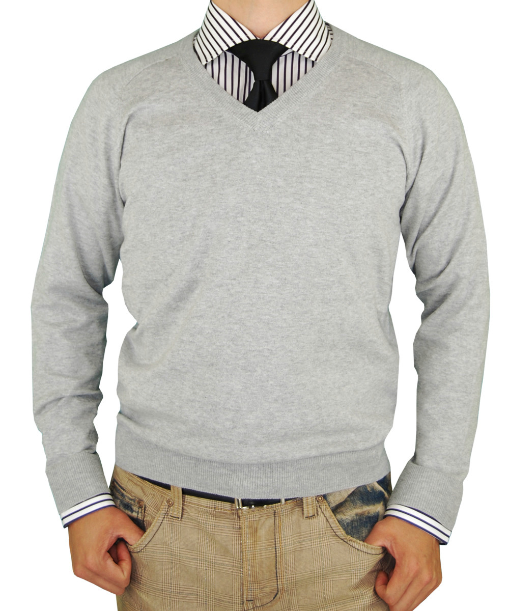 Mens Luciano Natazzi V-neck Cotton Sweater Cashmere Touch Slim Fit in Light Gray - Image1