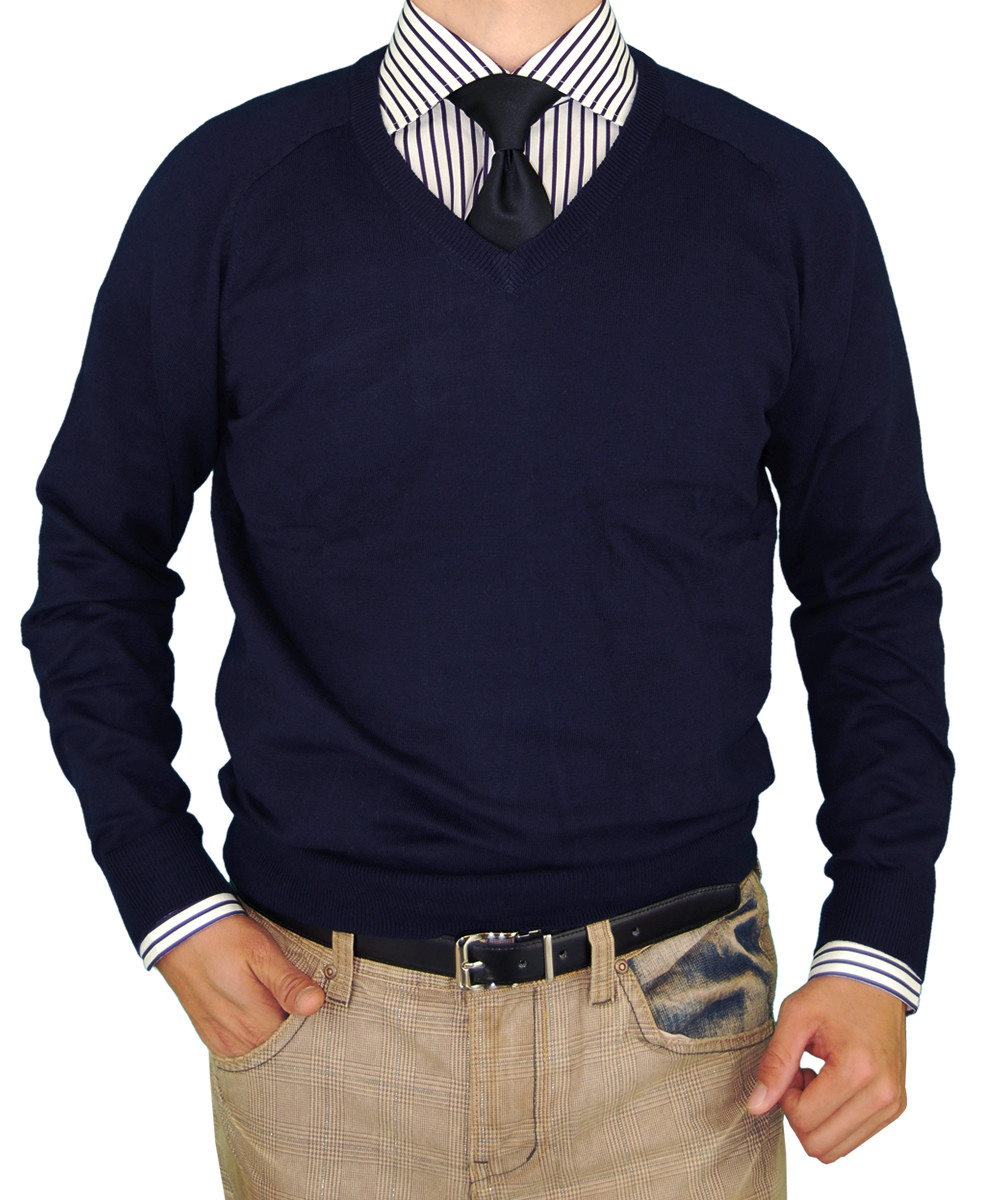 Mens Luciano Natazzi V-neck Cotton Sweater Cashmere Touch Slim Fit in Navy - Image1