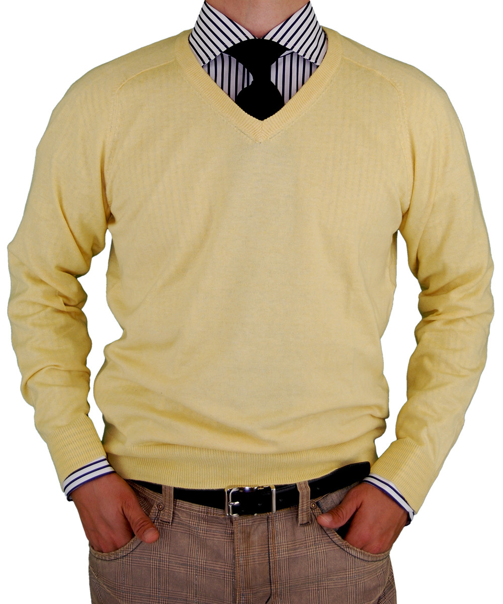 Mens Luciano Natazzi V-neck Cotton Sweater Cashmere Touch Slim Fit in Sunlight - Image1
