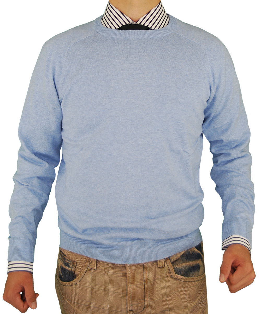 Mens Luciano Natazzi Crew Neck Cotton Sweater Cashmere Touch Slim Fit in Light Blue - Image1