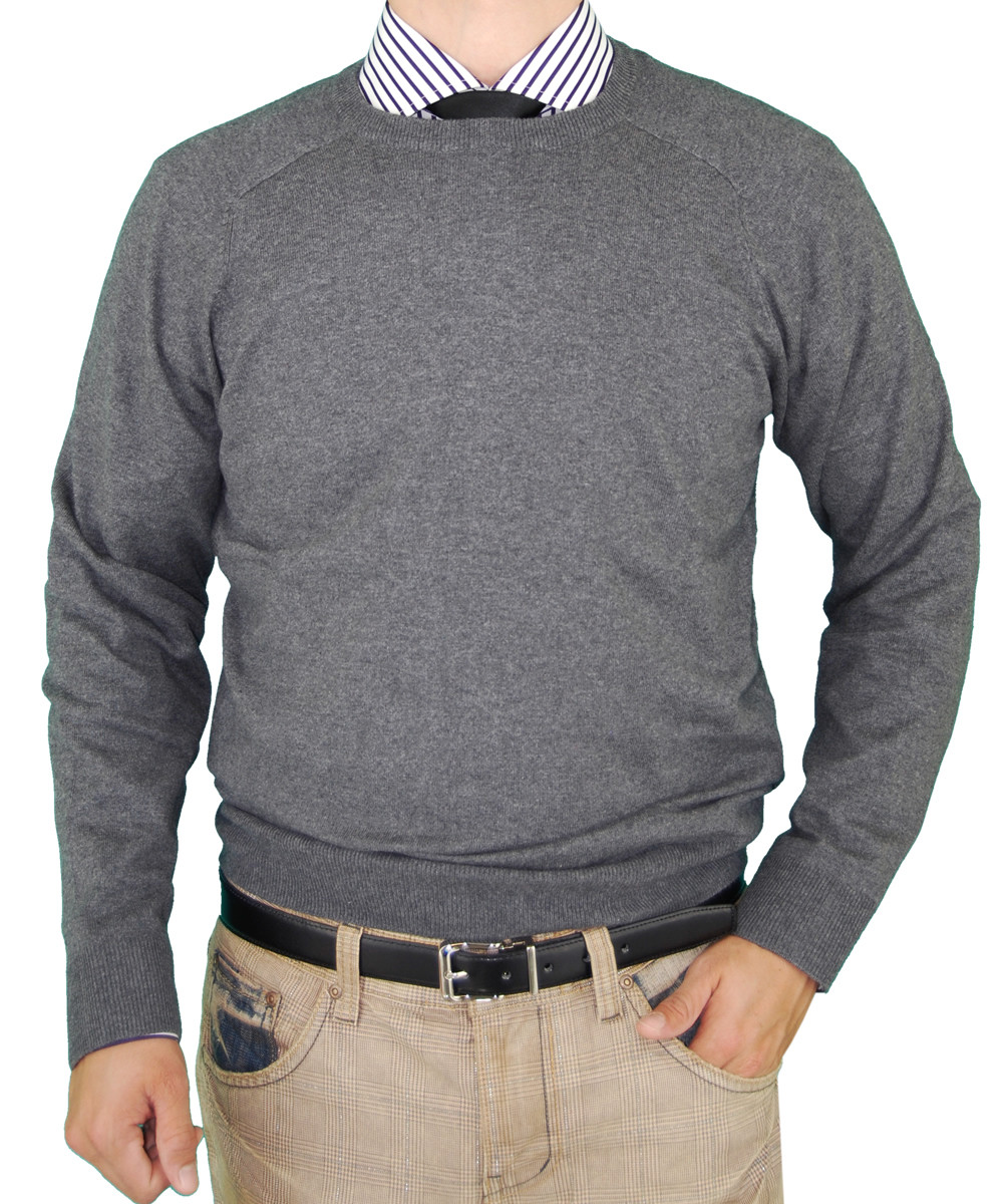 Mens Luciano Natazzi Crew Neck Cotton Sweater Cashmere Touch Slim Fit in Charcoal - Image1