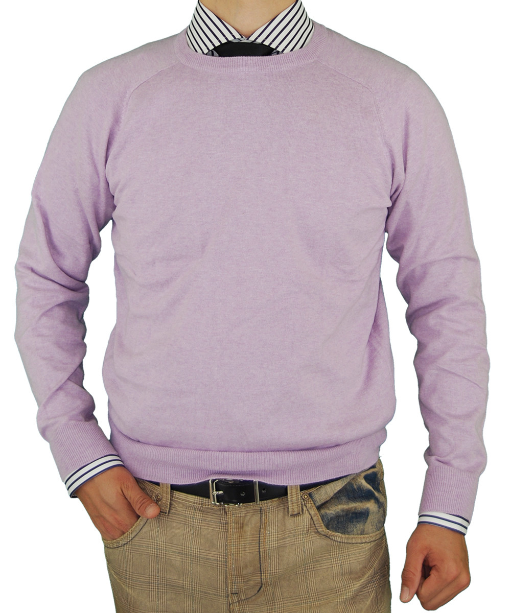 Mens Luciano Natazzi Crew Neck Cotton Sweater Cashmere Touch Slim Fit in Lavender - Image1