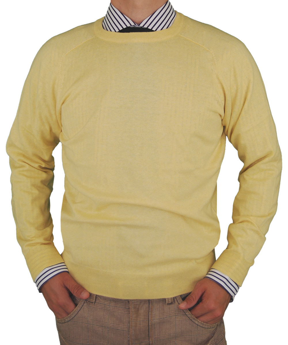 Mens Luciano Natazzi Crew Neck Cotton Sweater Cashmere Touch Slim Fit in Sunlight - Image1