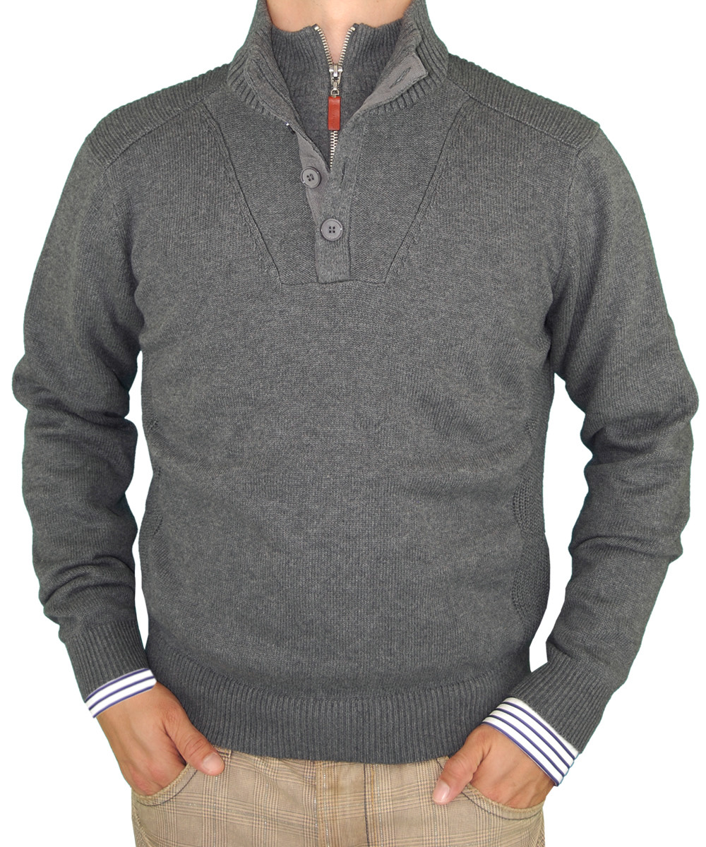 Mens Luciano Natazzi Fashion Double Mock Neck Button Zip Sweater Cotton Slim Fit in Charcoal - Image1