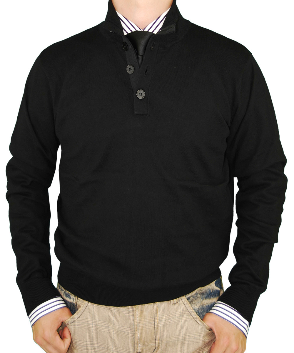 Mens Luciano Natazzi Button Mock Neck Sweater Cotton Cashmere Touch Slim Fit in Black - Image1