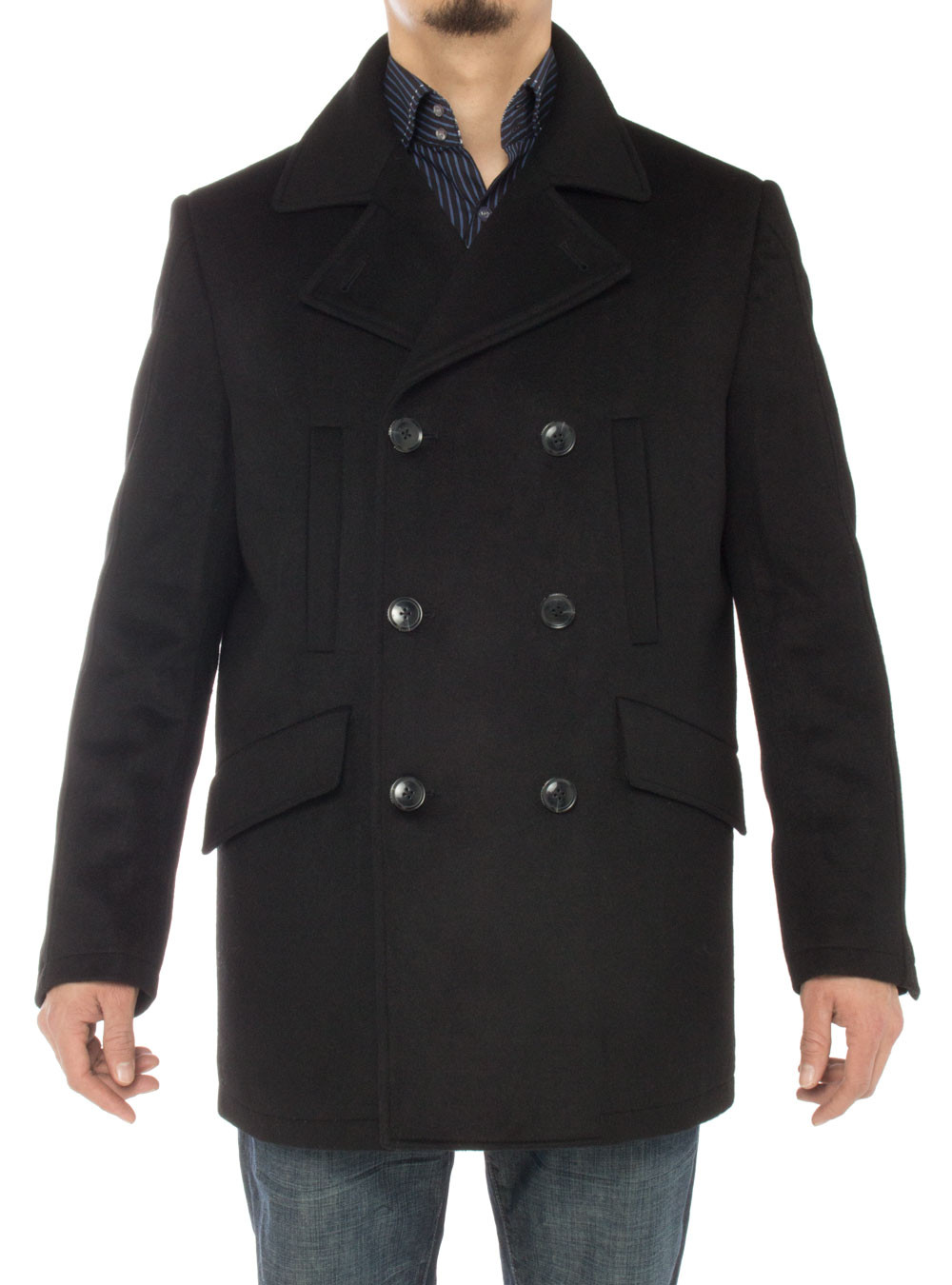 Mens Luciano Natazzi Wool Top Coat Double Breasted Pea Black - Image1