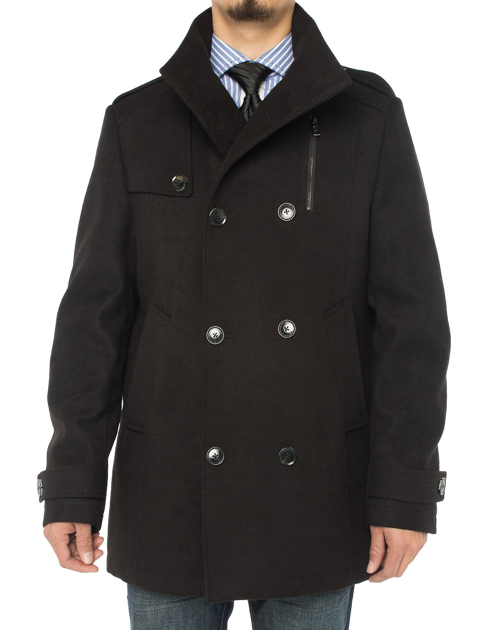 Mens Luciano Natazzi Stylish Top Coat Classic Double Breasted Pea Black - Image1