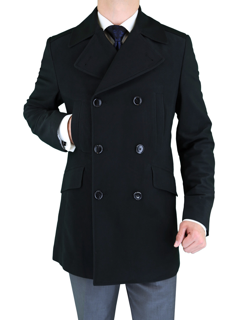 Mens Luciano Natazzi Overcoat Wool Blend Top Coat Modern Fit Pea Coat Black - Image1
