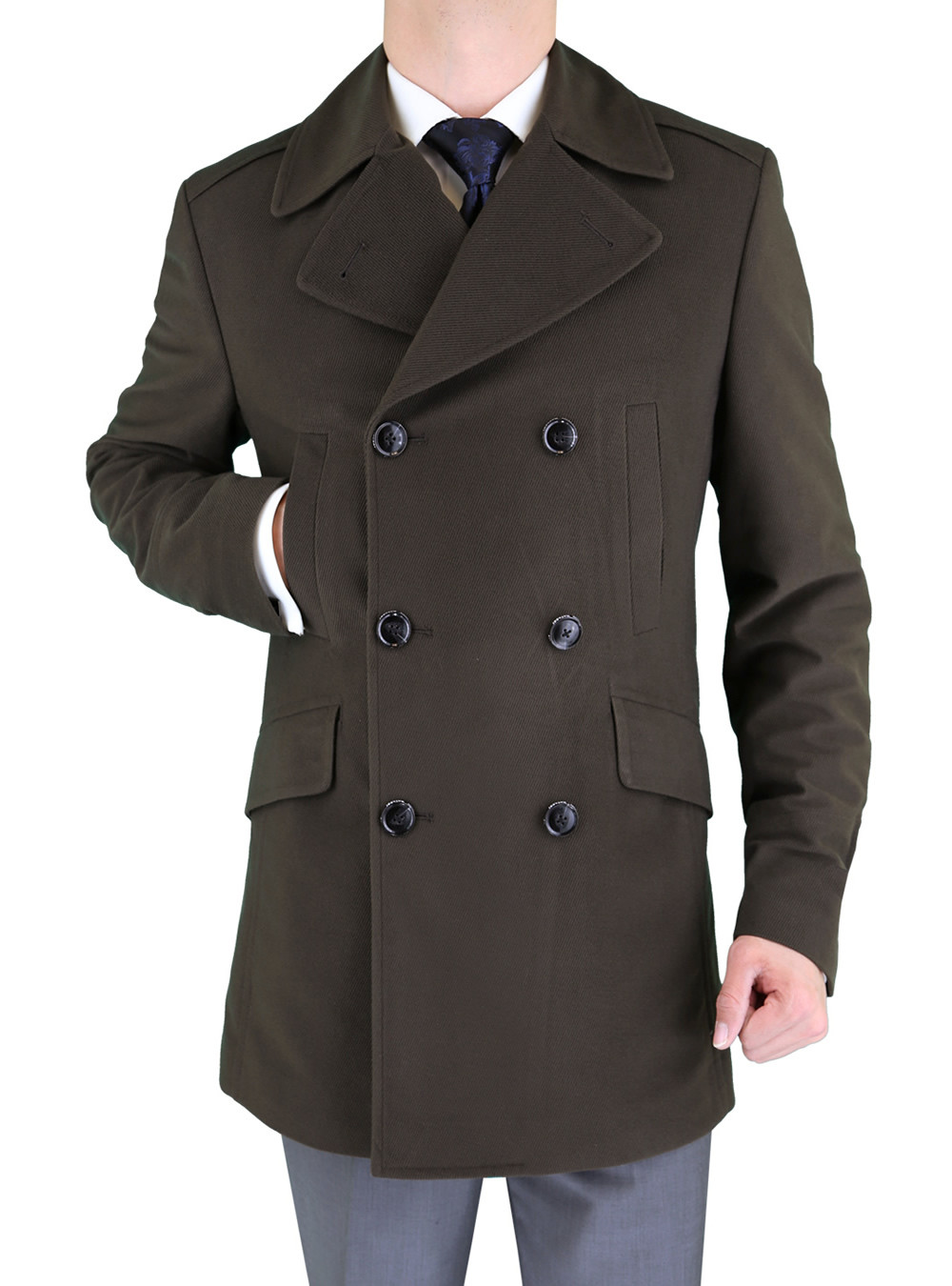 Mens Luciano Natazzi Overcoat Wool Blend Top Coat Modern Fit Pea Coat Brown - Image1