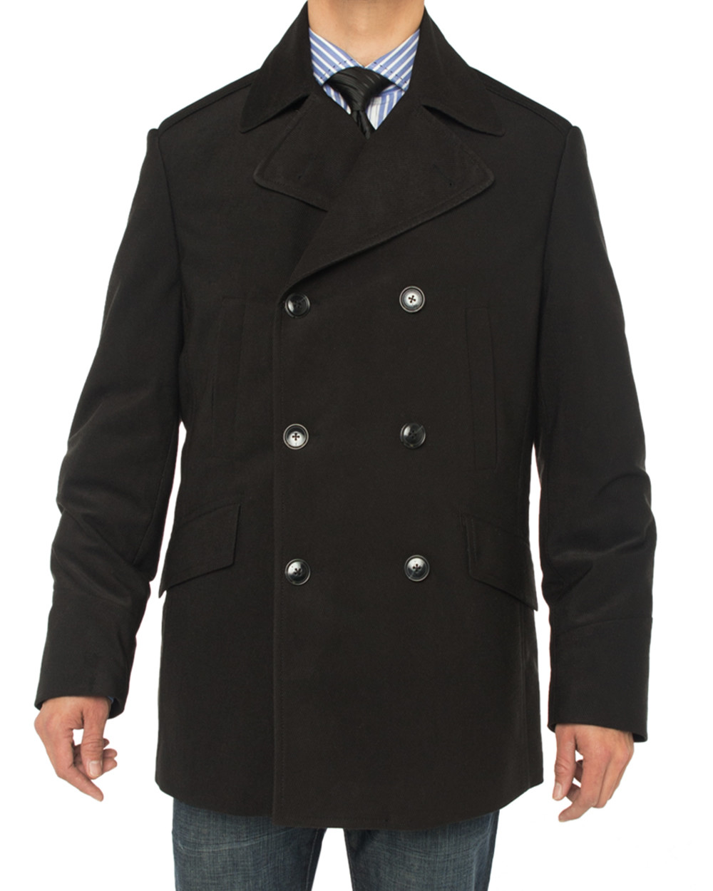 Mens Luciano Natazzi Top Coat Double Breasted Modern Fit Pea Black - Image1