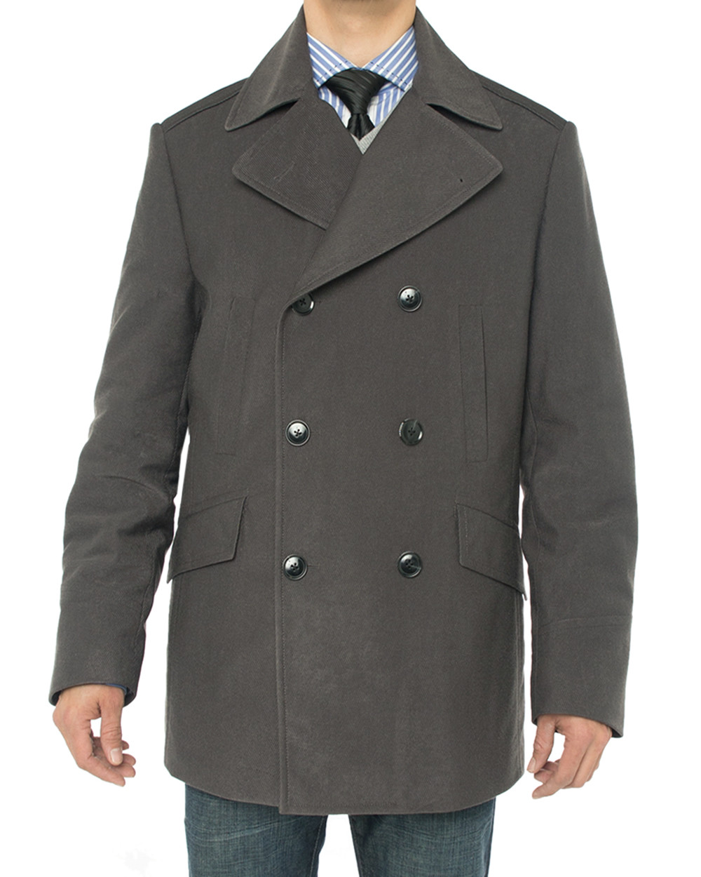 Mens Luciano Natazzi Top Coat Double Breasted Modern Fit Pea Charcoal Gray - Image1