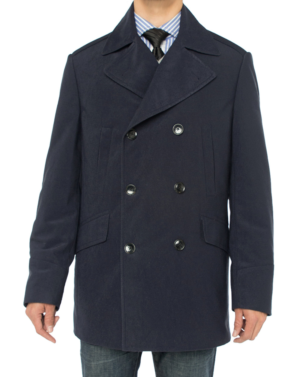 Mens Luciano Natazzi Top Coat Double Breasted Modern Fit Pea Navy Blue - Image1