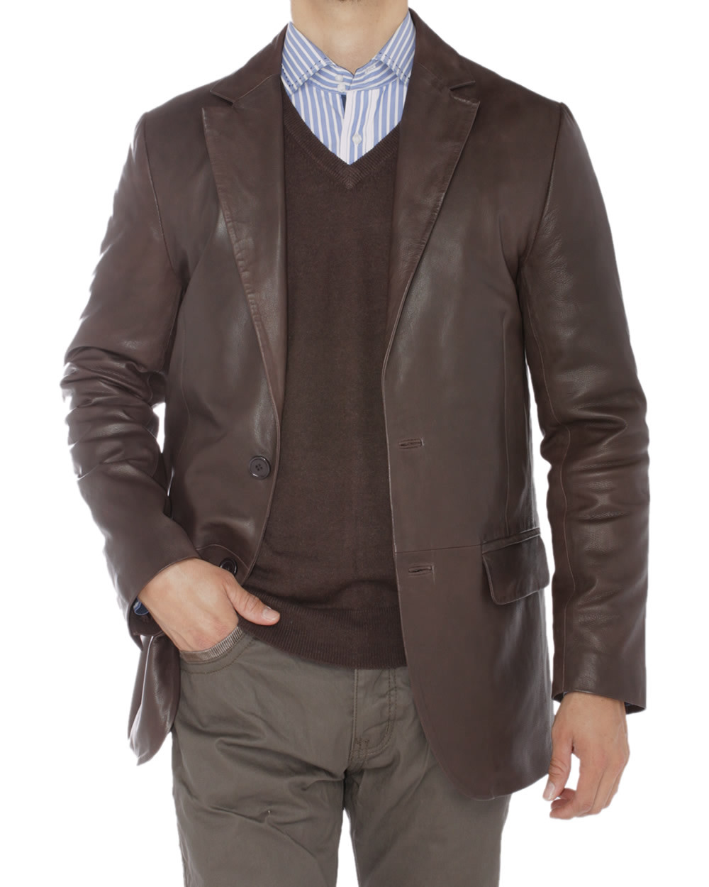 Mens Luciano Natazzi Nappa Leather Blazer 2 Button Modern Fit Brown - Image1