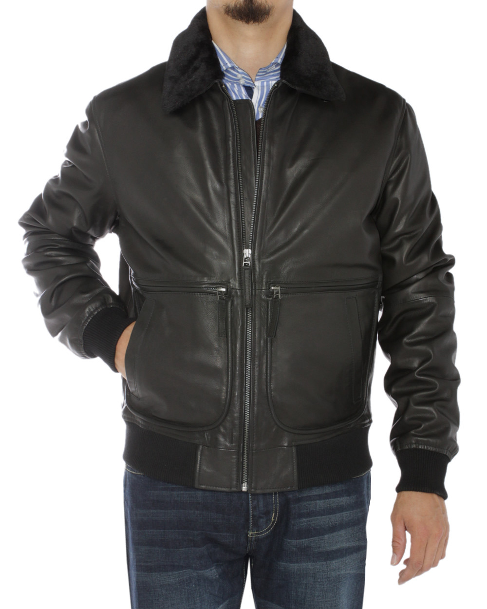 Mens Luciano Natazzi Nappa Leather Jacket Flight Bomber Jacket Black - Image1