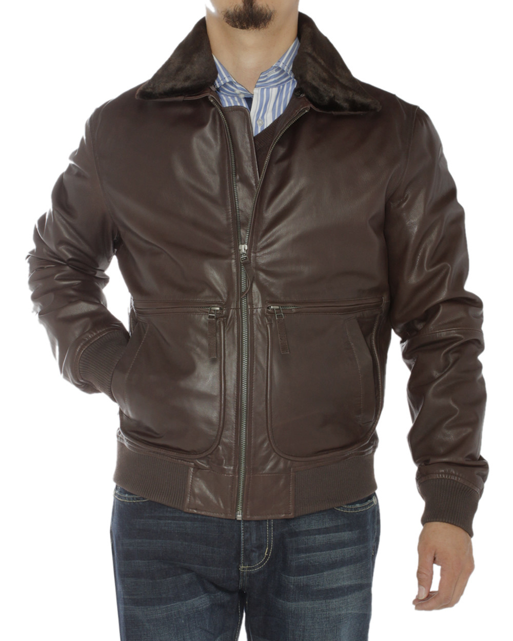 Mens Luciano Natazzi Nappa Leather Jacket Flight Bomber Jacket Brown - Image1