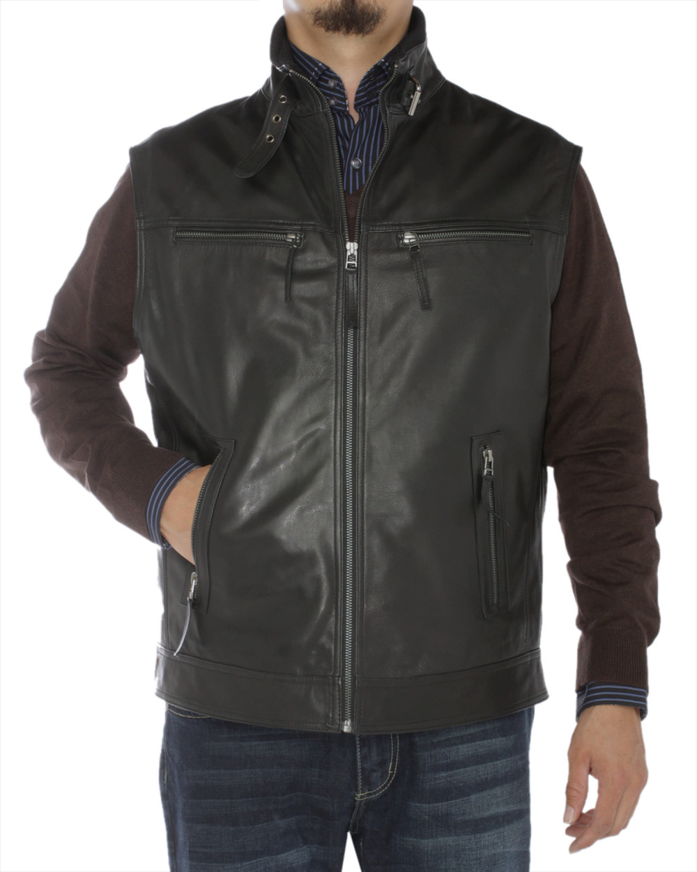 Mens Luciano Natazzi Leather Jacket Vest Full Grain Cow Biker Black - Image1